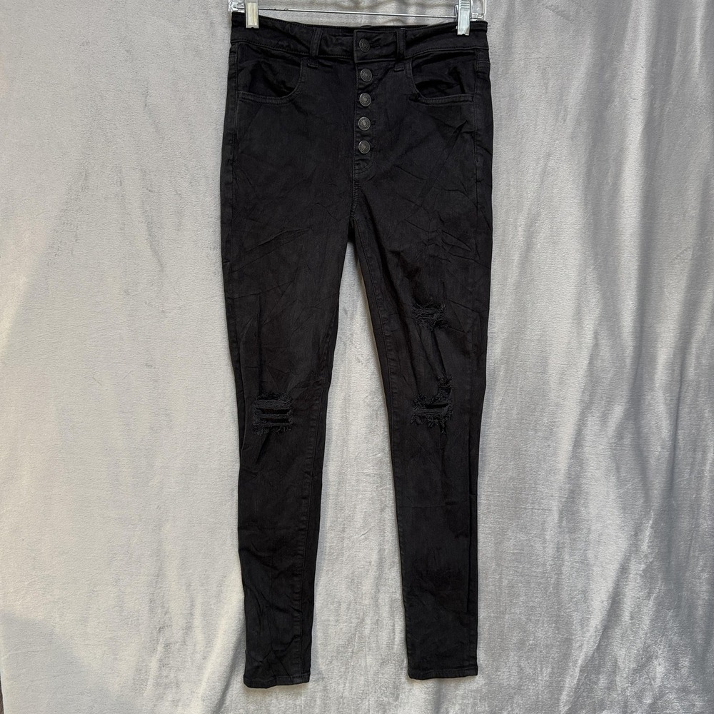 American Eagle Jeggings Womens 6 Black Super Hi Rise Stretch Distressed Jeans
